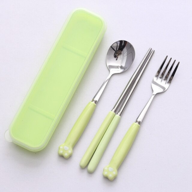 Set 3 Món Muỗng Nĩa Đũa Hình Dấu Chân Mèo Dễ Thương Kèm Hộp Đựng Cho Bé Sơ Sinh Mã 80