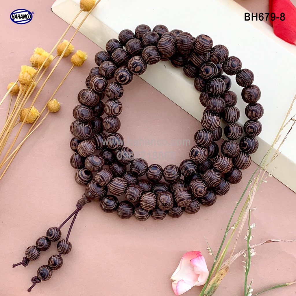 Chuỗi Tràng 108 hạt gỗ Mun Đuôi Công vân gỗ siêu đẹp - An Yên - Thịnh Vượng - BH679 Tràng gỗ mun đuôi công
