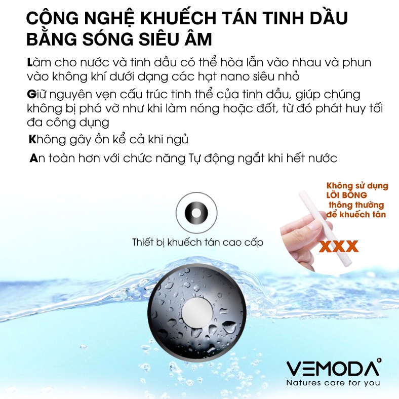 Máy xông tinh dầu cao cấp VEMODA IKT213  giúp khuếch tán tinh dầu hiệu quả, tỏa hương thơm thư giãn, giảm căng thẳng