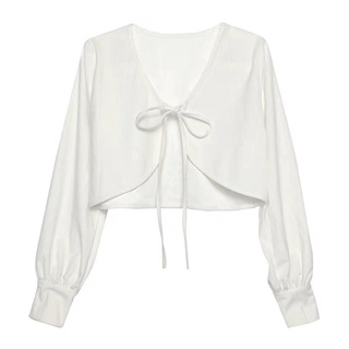 AK014 Áo cardigan trắng dài tay buộc nơ croptop Áo khoác kiểu nữ cadigan crt điệu tiểu thư bánh bèo nữ tính