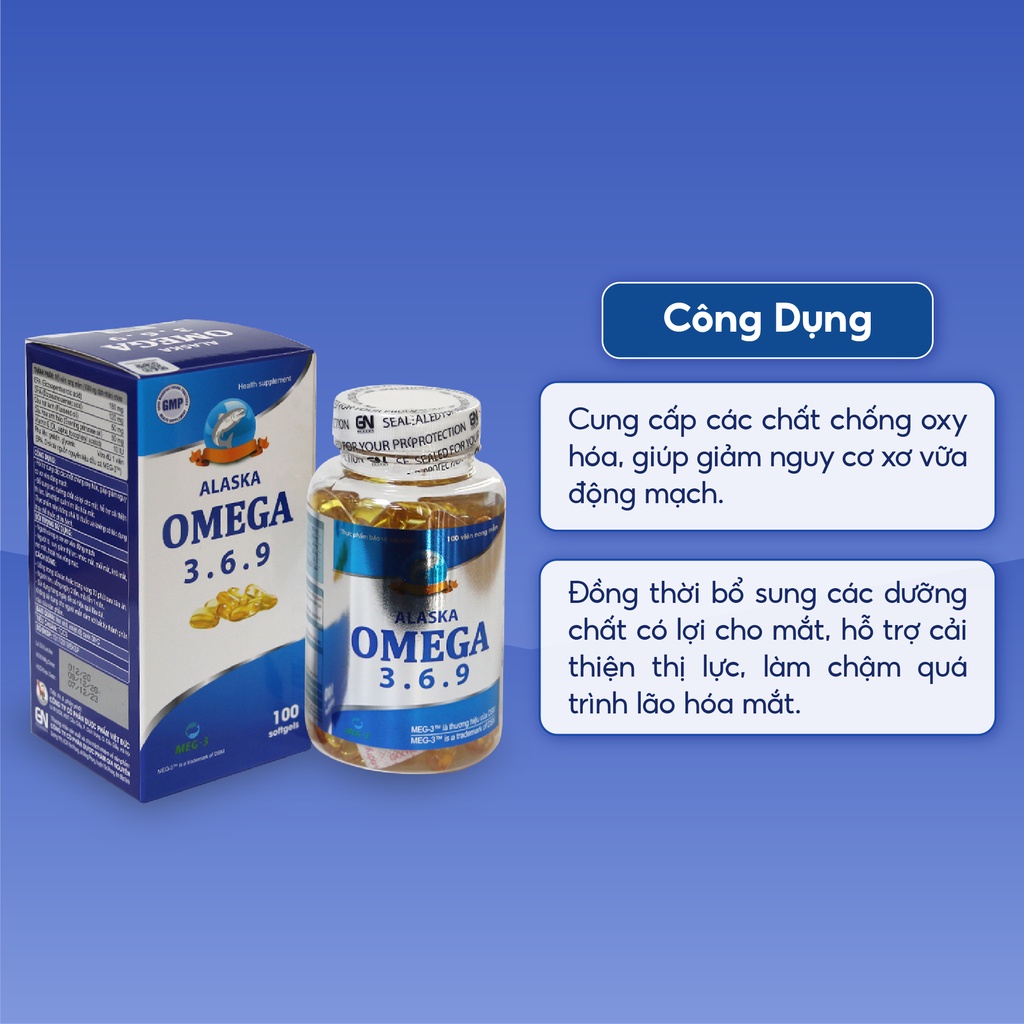 Dầu cá Omega 3.6.9 Alaska cải thiện thể lực giảm nguy cơ xơ vữa động mạch và chống oxy hóa lọ 100 viên