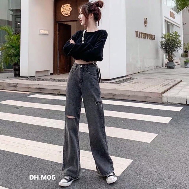 Quần jeans nữ ống xuông dáng dài rách gối B602 cạp cao màu khói