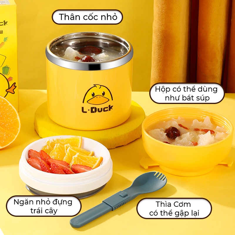 COC9 Cốc đựng cháo , đồ ăn hình vịt vàng xin xắn dễ thương giữ nhiệt siêu tốt kèm muỗng và có quai xách rất tiện lợi
