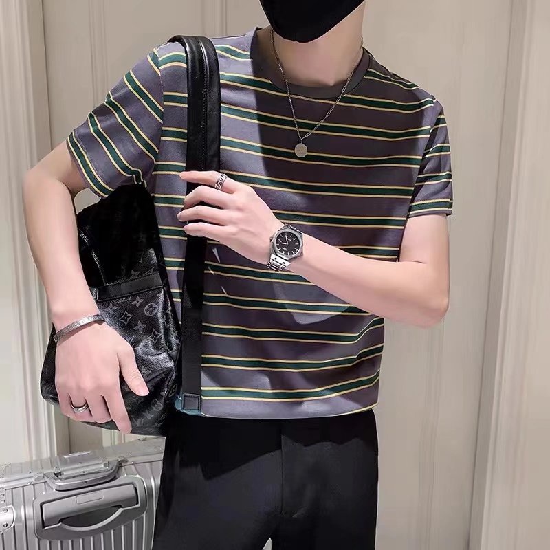 Áo Thun Tay Ngắn Cổ Tròn Kẻ Sọc Đen Xám S-3XL Thời Trang Mùa Hè Cho Nam