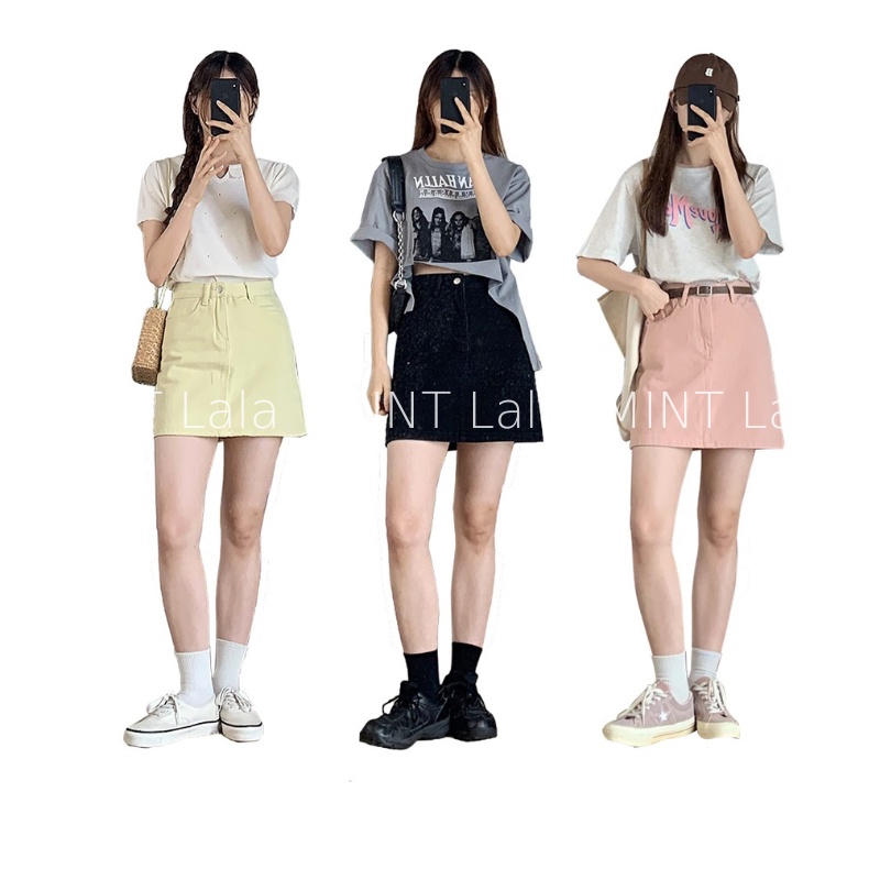 Chân Váy Chữ A Lưng Cao Ngắn Vải Jeans Trắng Đen Be