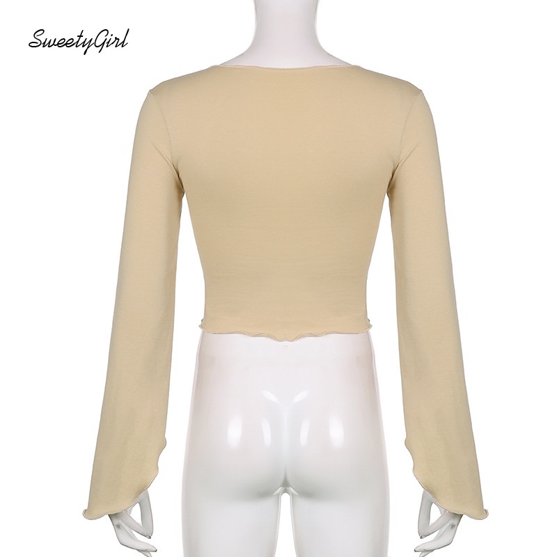 Áo croptop tay dài cổ chữ V in họa tiết bướm màu sắc tương phản thời trang cho nữ