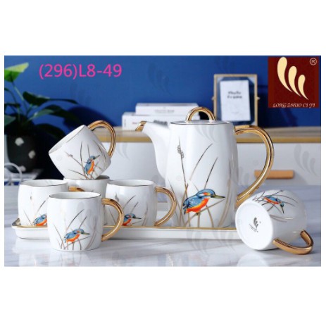 Bộ ấm chén kèm khay sứ viền vàng pha trà họa tiết chim xanh