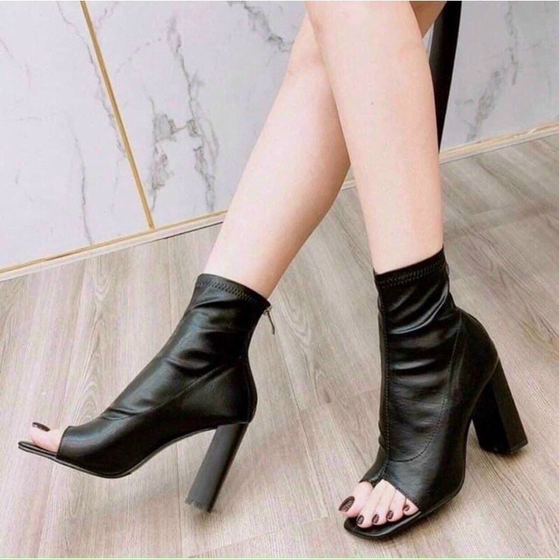 Bốt da nữ hở ngón gót cao 8cm da Xịn , giày bốt nữ xỏ ngón da mềm siêu hot