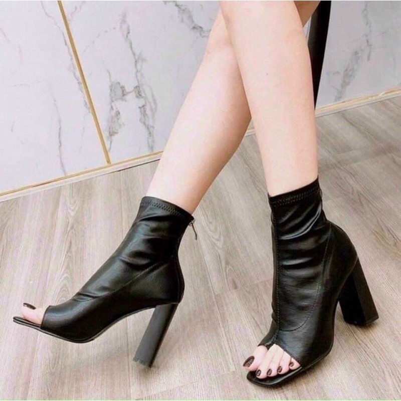 Bốt da nữ hở ngón cao gót da mềm , giày boots nữ da sịn xỏ ngón xinh xinh