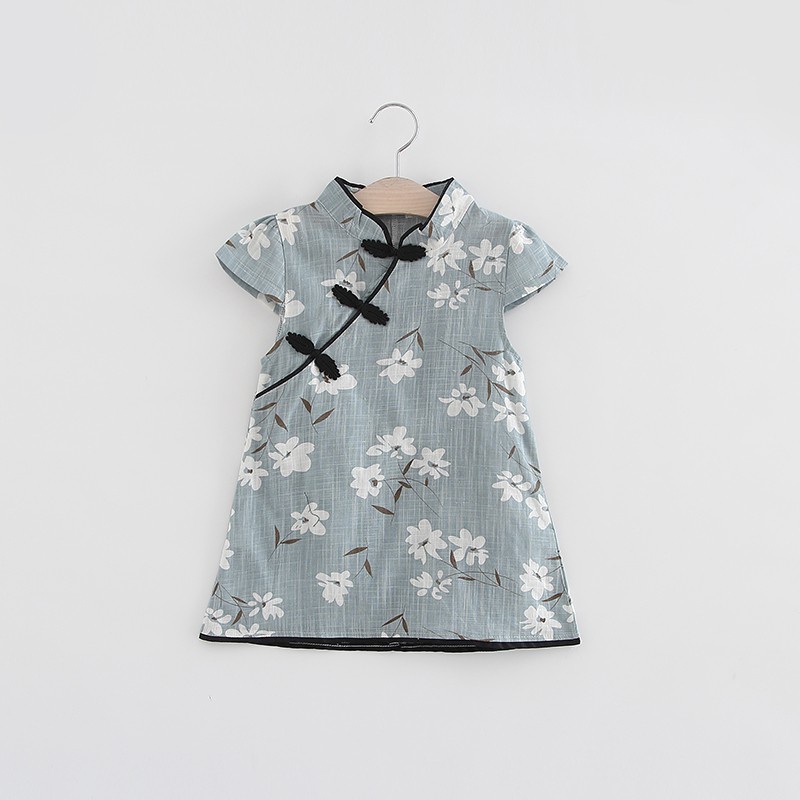 Đầm Sườn Xám Cotton Tay Ngắn In Họa Tiết Hoa Xinh Xắn Cho Bé Gái