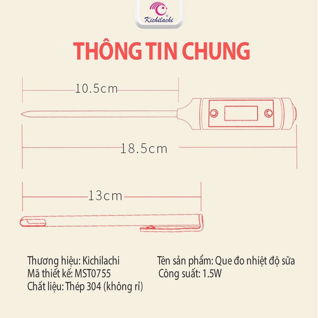 Que đo Kichi, Nhiệt kế đo nhiệt độ sữa, cháo, nước, chất lỏng an toàn cho bé và gia đình