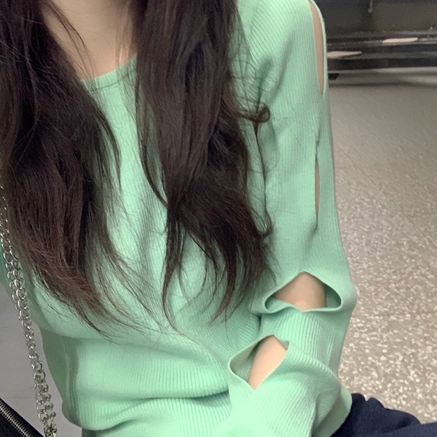 Áo dệt kim ZHELIHANGFEI tay dài khoét lỗ kiểu dáng quyến rũ cho nữ