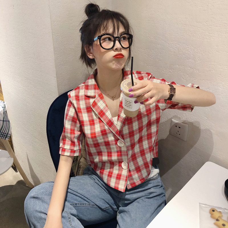 Áo blazer nữ đẹp 2021, Áo kiểu nữ cổ bẻ màu xanh Caro Phối Cúc Sang Chảnh Thời Trang Hàn Quốc | BigBuy360 - bigbuy360.vn