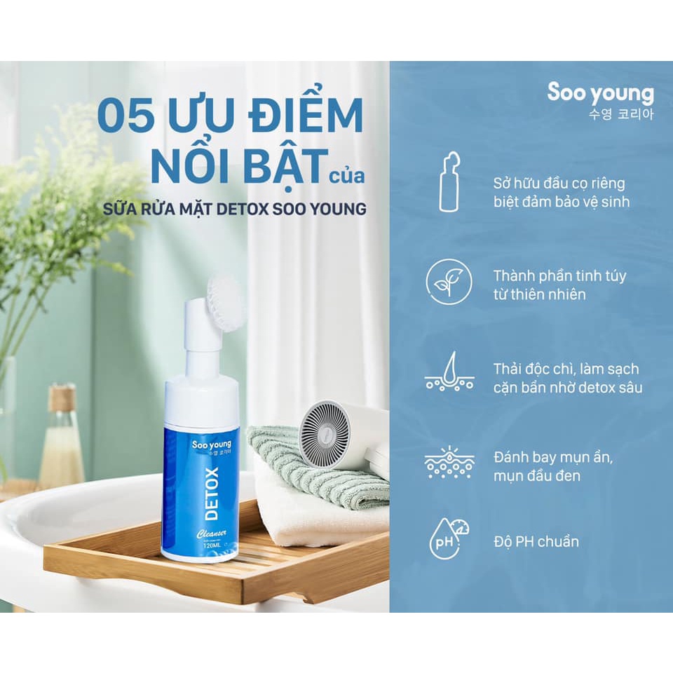 Sữa rửa mặt detox Soo young Hàn Quốc 130ml đầu cọ silicon siêu mịn mền mại thanh lọc thải độc se khít lỗ chân lông