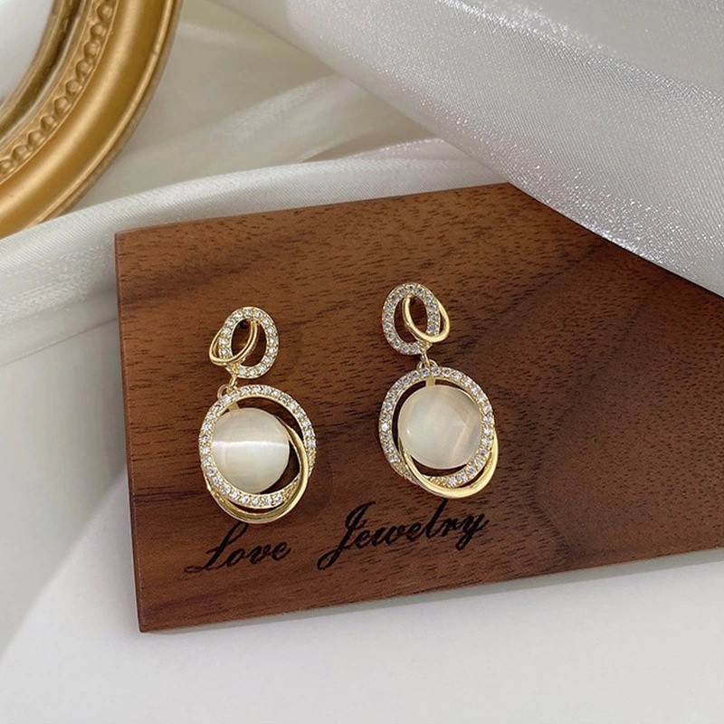 Khuyên Tai Tròn Mỏng Mặt Tròn Đính Đá Opal Lấp Lánh Đơn Giản Thời Trang Thanh Lịch Ba Chiều Cho Nữ