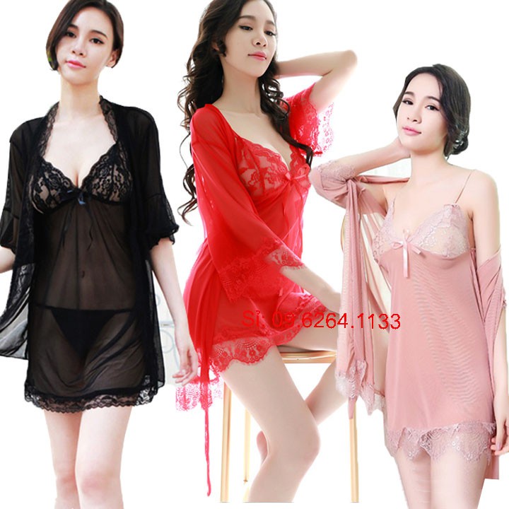 Đồ Ngủ Sexy Nữ| Váy Ngủ Dễ Thương[VÁY + ÁO CHOÀNG +Tặng Quần Chip 3 IN1]❣️ Chất Liệu Ren Mềm Mịn Quyến Rũ