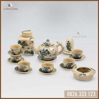 Bộ Ấm Chén Quả Hồng Men Rạn Vẽ Sơn Thủy