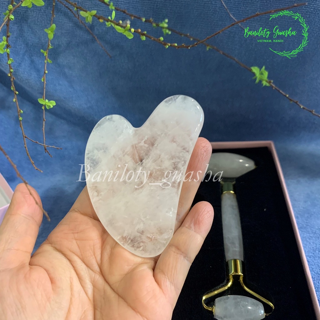 (Bản limited Baniloty) Bộ thanh lăn và miếng đá trái tim-đá tự nhiên màu trắng trong, massage mặt nâng cơ hiệu quả