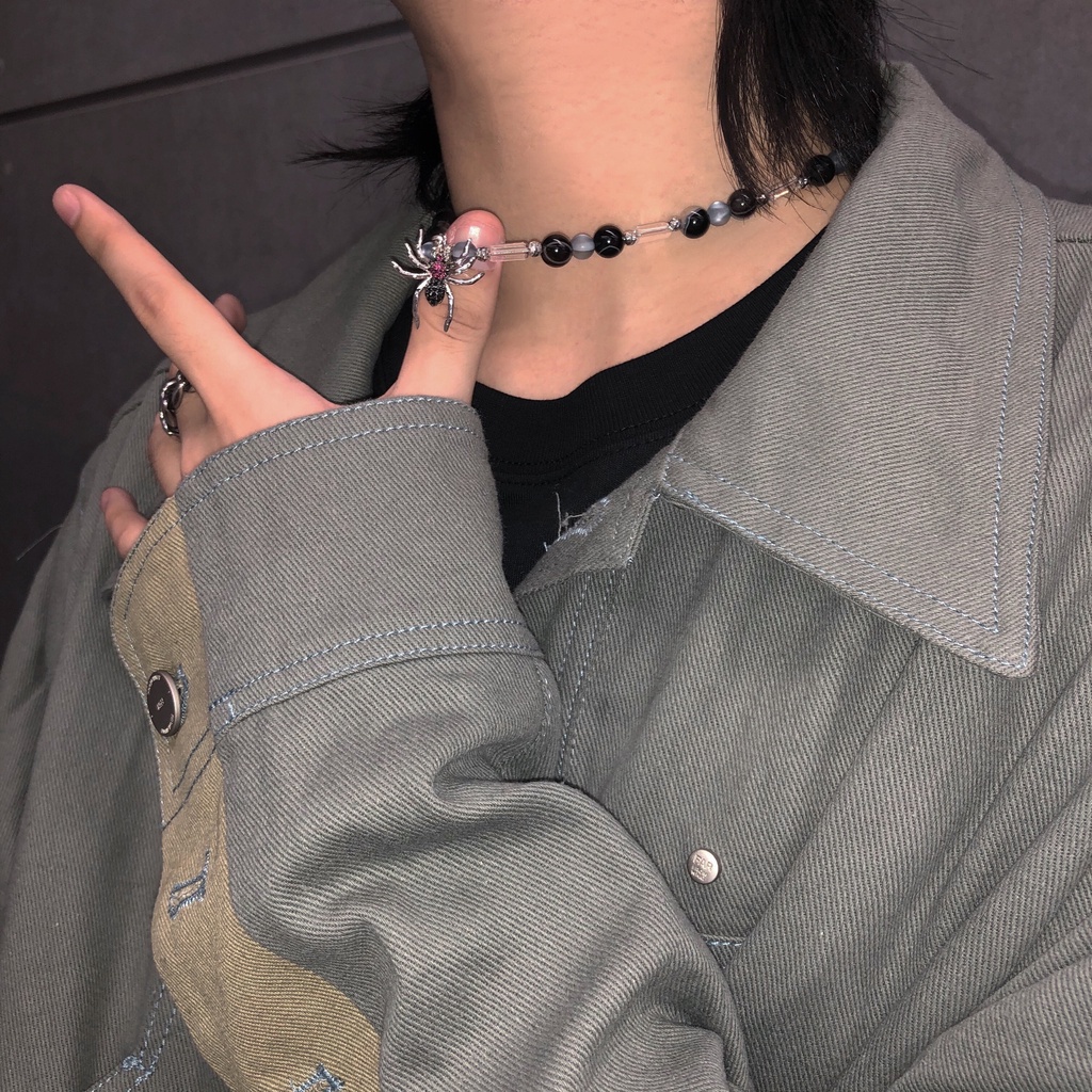 ﹍■✇Dây chuyền chuỗi hạt tròn mặt hình con nhện đính đá phong cách harajuku hip hop đường phố thời trang 19A1291
