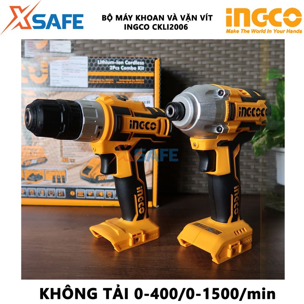 Bộ combo máy khoan và máy siet vit dùng pin INGCO CKLI2006 motor không chổi than, điện thế pin 20V, túi đựng tiện lợi