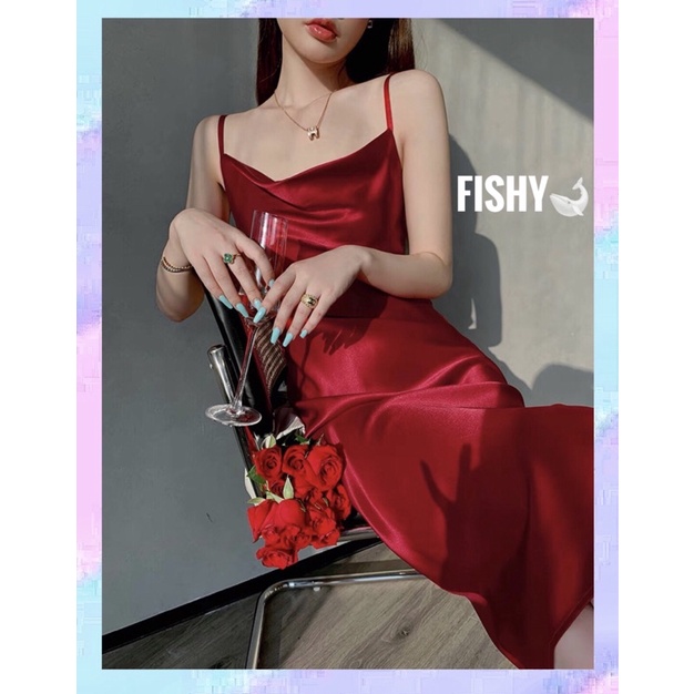 Đầm Lụa Hai Dây Xẻ Tà Cao Cổ Trễ Satin Đỏ Dáng Dài Dành Cho Nữ Phong Cách Hàn Quốc Nữ Tính FISHY