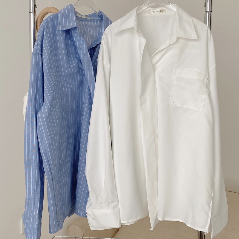 Áo sơ mi thô vạt chéo kẻ sọc oversize