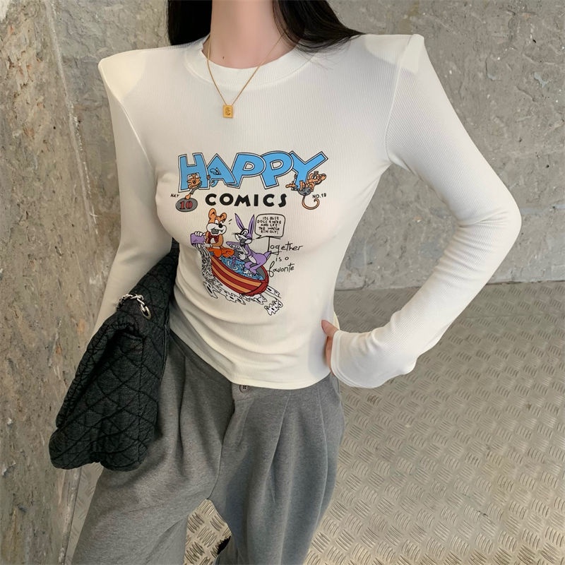 Jiashucheng Áo Thun Ngắn Mỏng Dáng Ôm In Họa Tiết Phong Cách Phương Tây Thời Trang Thu Đông Dễ Phối Đồ Dành Cho Bạn Nữ @ -