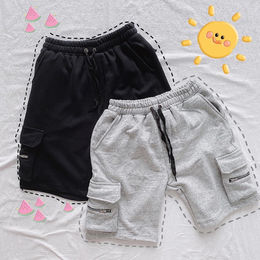 Quần short nỉ túi hộp khóa kéo unisex thu đông hai màu Đen - Xám