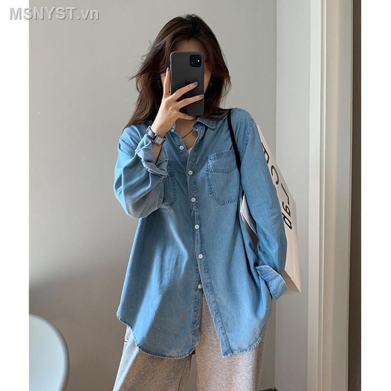 Áo sơ mi denim tay dài thời trang mùa thu Hong Kong mới cho nữ