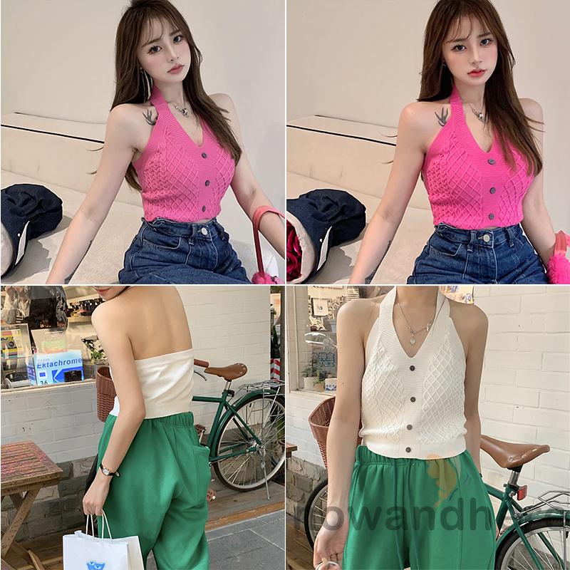 Áo Dệt Kim Không Tay Cổ Chữ V Màu Trơn Thời Trang Mùa Hè Cho Nữ