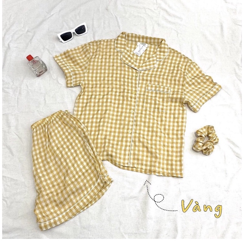 Bộ pijama nữ cộc tay kẻ nhiều màu, Đồ bộ nữ mặc nhà kèm chun buộc tóc