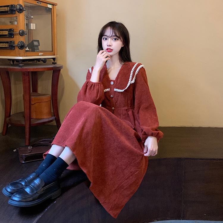 SUXI Đầm lửng tay dài phong cách Hàn Quốc