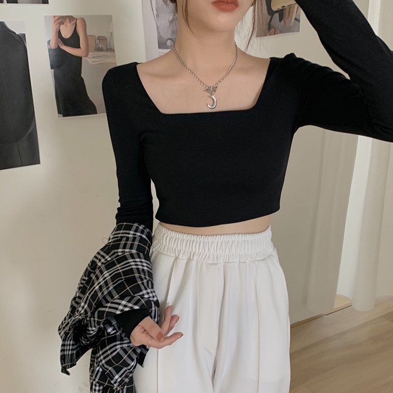 Áo Croptop Dài Tay Cổ Vuông Chất Thun Co Giãn 4 Chiều Madela, Croptop Cổ Vuông Dài Tay Freesize