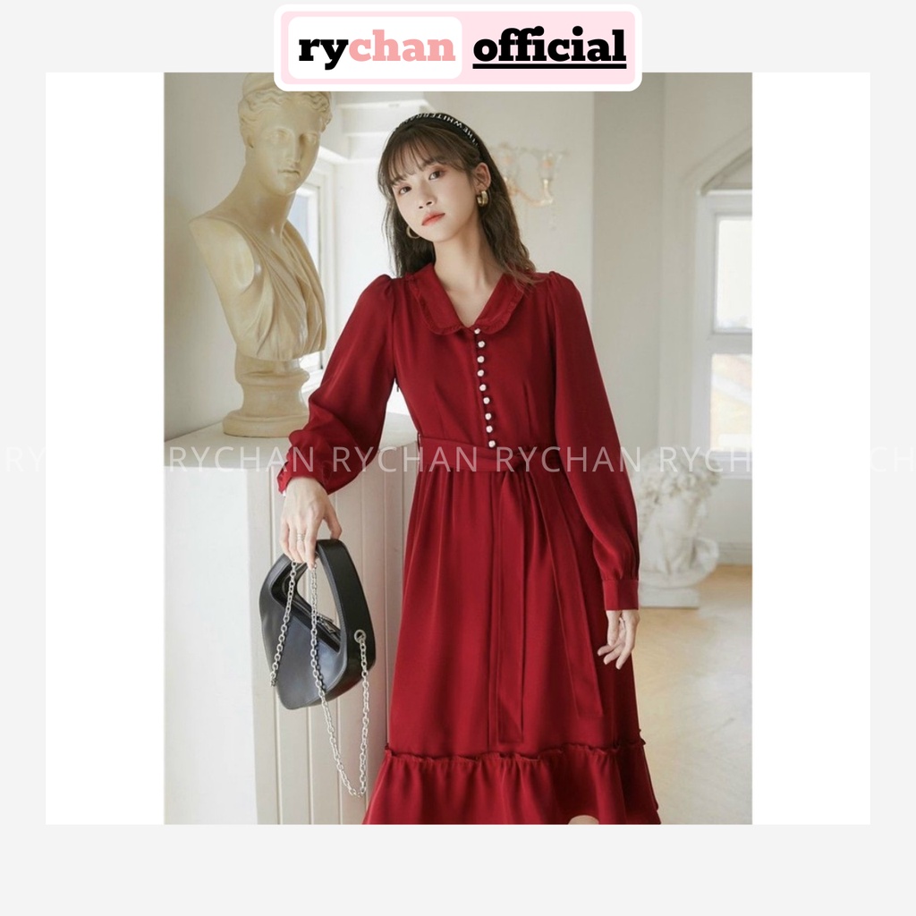 Đầm Xòe Midi Đỏ Cổ Bèo Tay Dài Nút Ngọc - DX9899