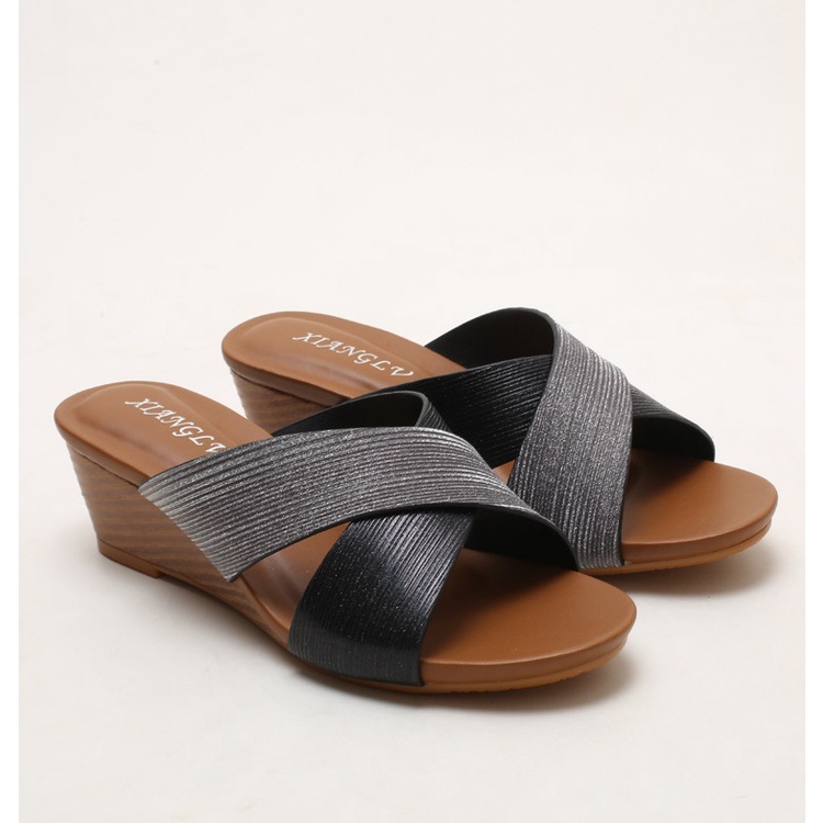Dép đế xuồng 5cm quai chéo bản to, da ánh kim
