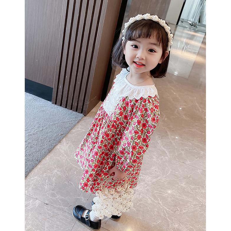 Đầm Đỏ Tay Dài Họa Tiết Hoa Đỏ Phong Cách Hàn Quốc 2021 Cho Bé Gái