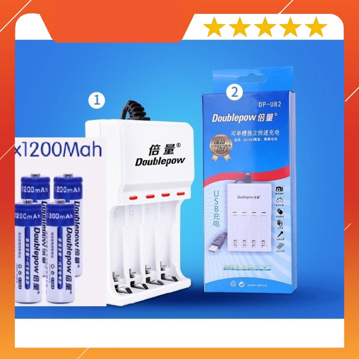 Bộ sạc pin Doublepow chính hãng dùng để sạc pin AA/AAA Kèm 04 pin sạc AA