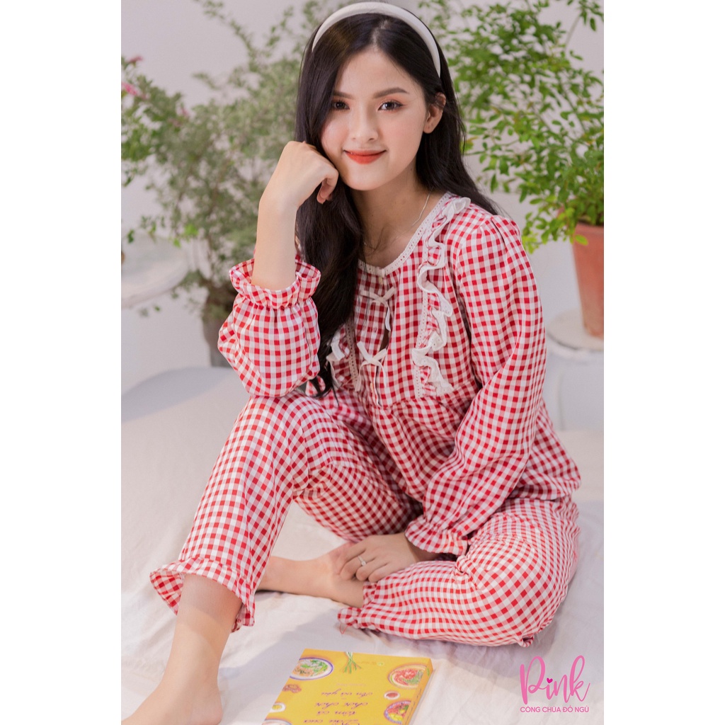 Bộ Đồ Pijama Nữ Màu Hồng Caro Tay Dài Quần Dài Mùa Đông Vải Kate Ấm Đồ Ngủ Chất Lượng Phong Cách Trẻ Trung Hàn Quốc