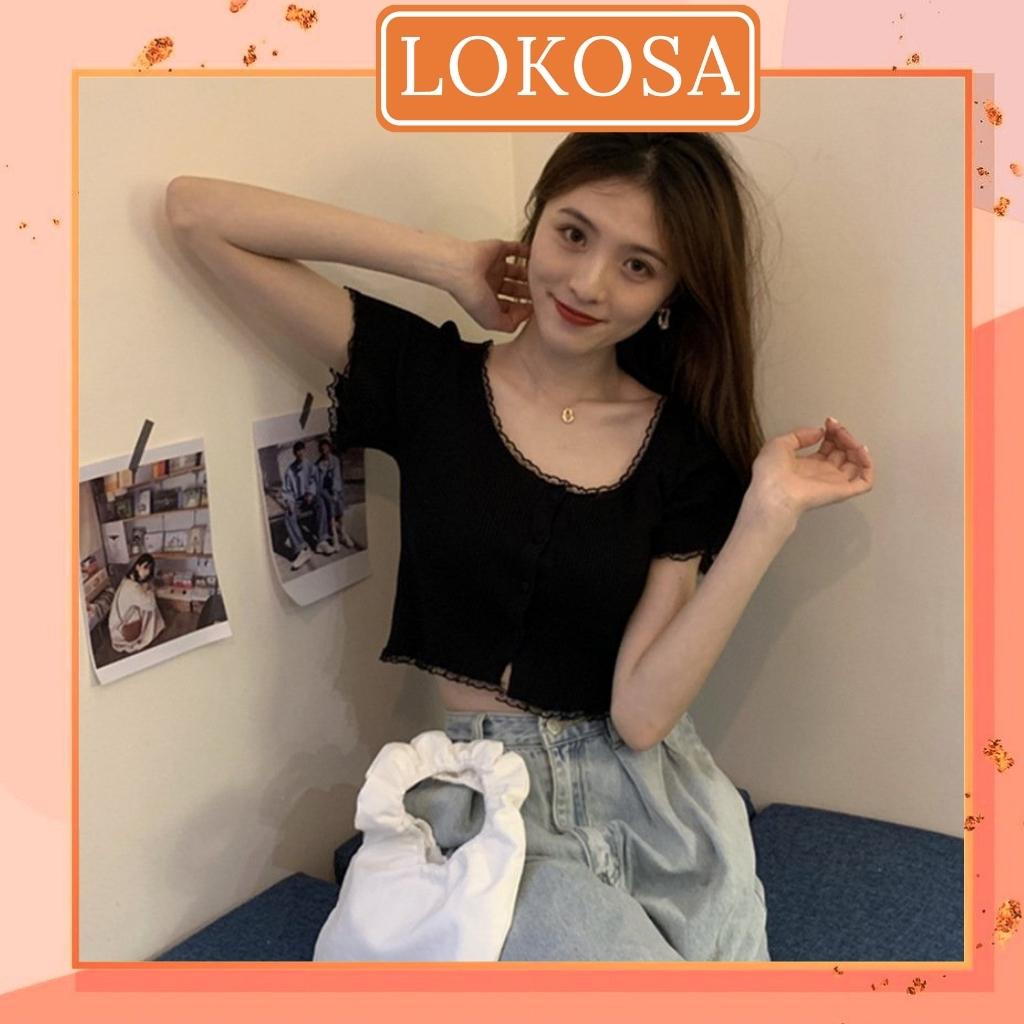 Áo Croptop Kiểu Hàn Quốc LOKOSA Thun Cổ Vuông Phối Ren Ôm Body Nhiều Màu Trắng Đen Tím AOE022
