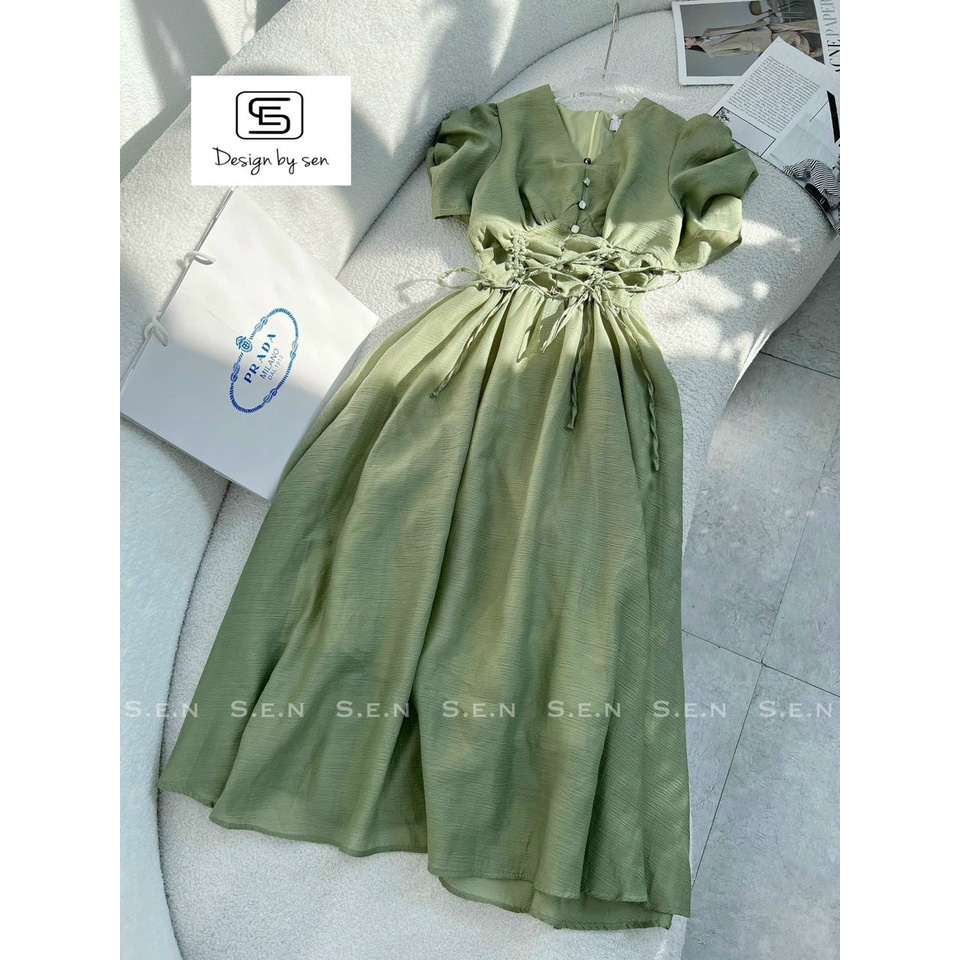 Váy nữ cổ V chất tơ 2 lớp vintage tay bồng hoạ tiết trơn phong cách nữ tính bánh bèo thời trangI Trần Hân Shop 3007443