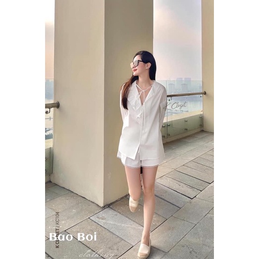 SET TRẮNG ÁO TAY BỒNG DÀI CỔ BÈO + QUẦN SHORT - kèm ảnh thật