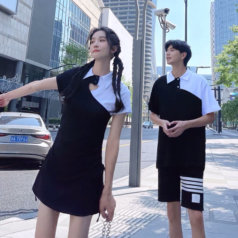 Sét đồ đôi nam và nữ váy ngắn và áo polo 2 màu đen trắng kết hợp
