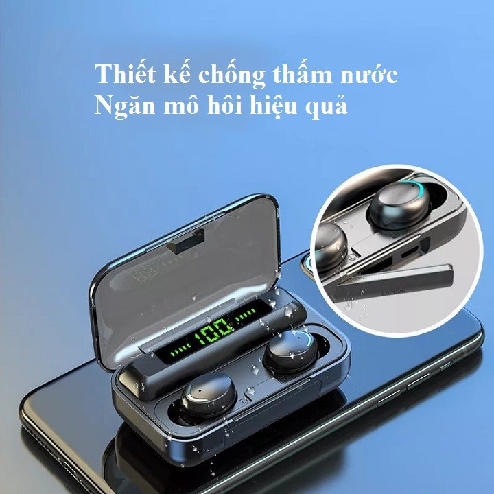 Tai nghe bluetooth không dây F9 pro có micro dock sạc 2000 mah nhét tai chống ồn cảm biến 1 chạm