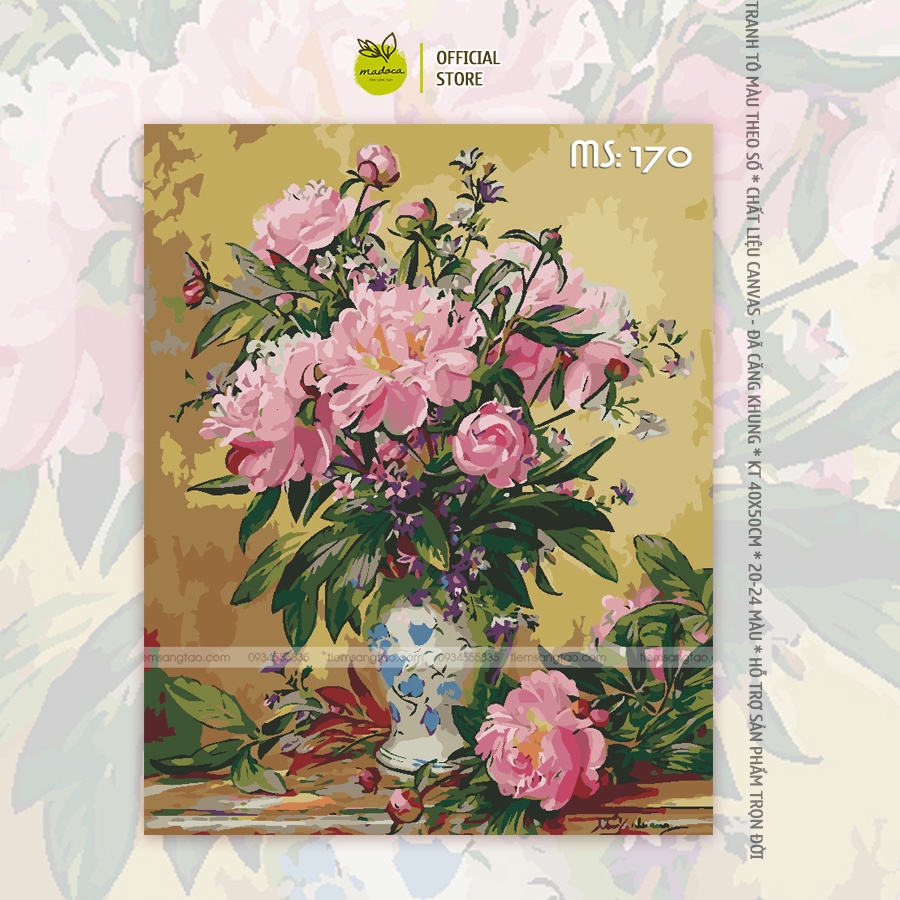 Tranh tô màu số hóa Madoca có khung 40x50cm Lọ hoa cổ hồng nhạt T170
