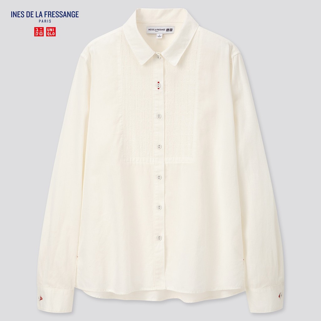 Áo sơ mi nữ dài tay thêu boi ở ngực dễ thương dòng thiết kế Innes De La Fressange Paris của UNIQLO .