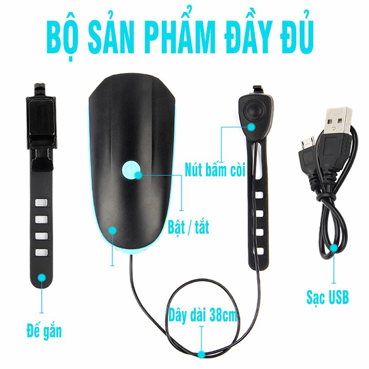 Đèn xe đạp có còi chống nước pin sạc USB