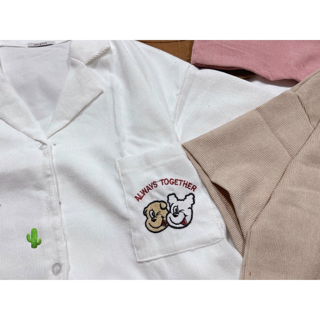 áo croptop cổ vest chất tăm nhung thêu gấu p