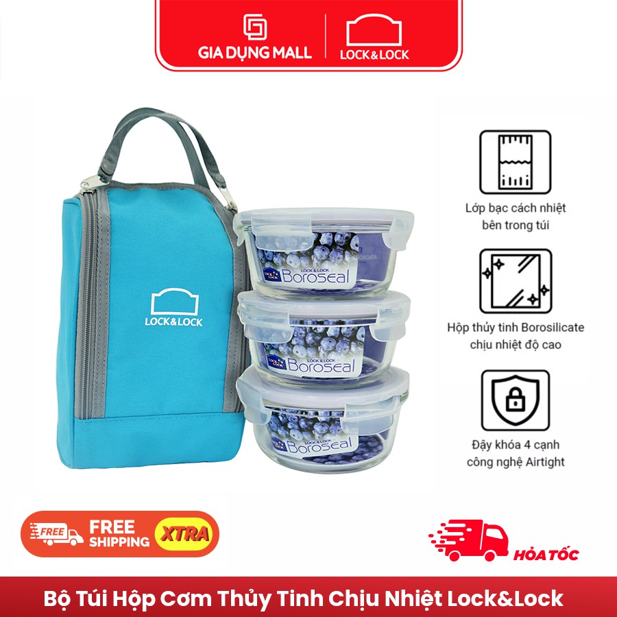 Bộ Túi Hộp Cơm Thủy Tinh Chịu Nhiệt 4EA Lock&amp;Lock LLG821BS3 (380ml / Hộp) - Xanh Dương - Hàng Chính Hãng