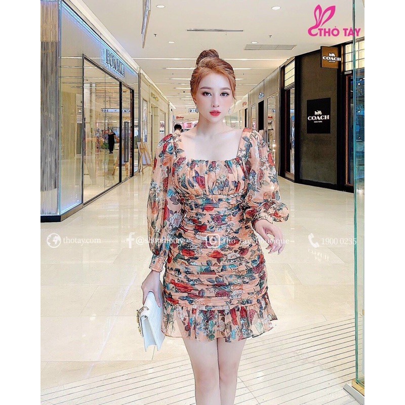 Đầm Hoa ôm tay dài body nhún