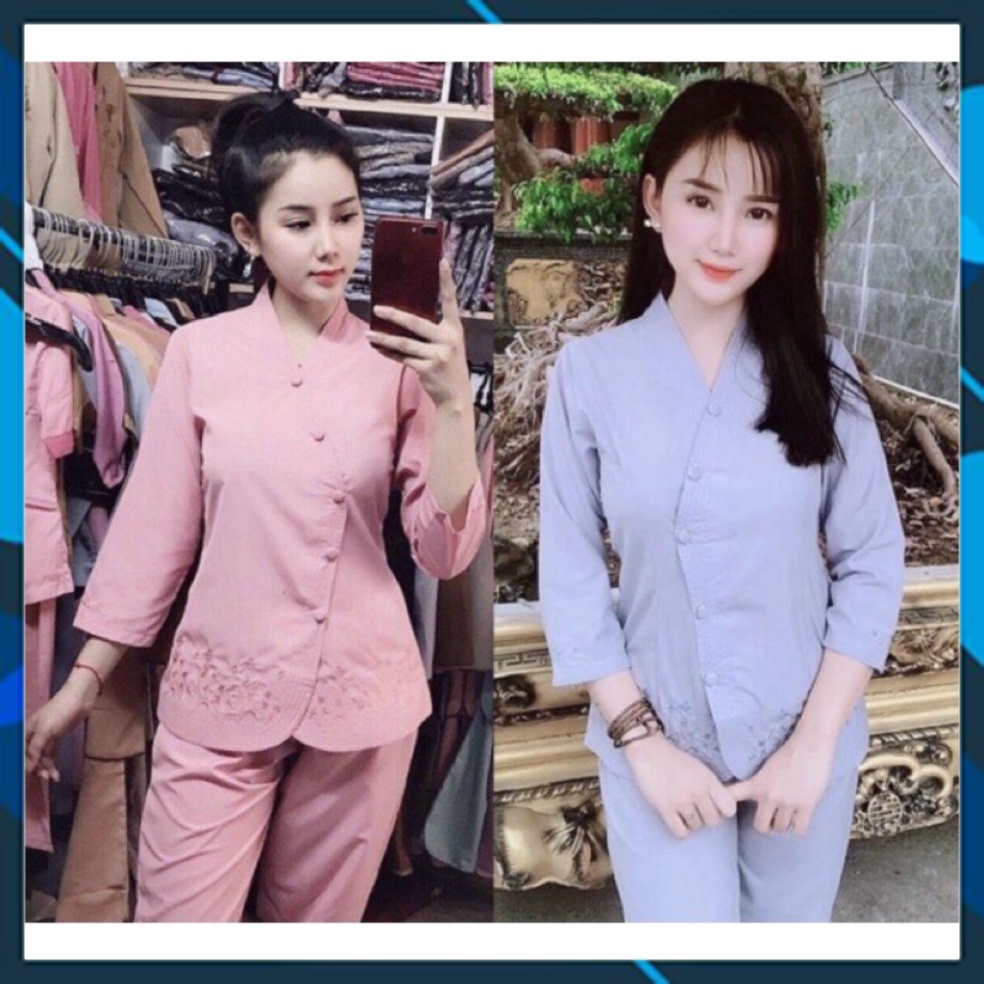 đồ lam đi chùa(thêu hoa cỏ)